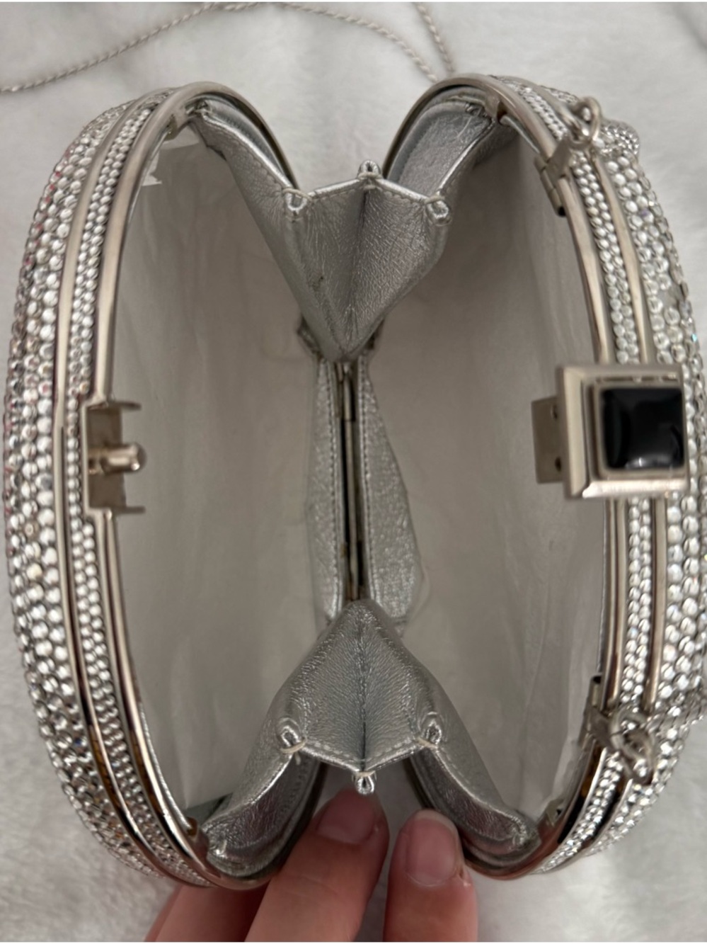 Judith Leiber Womens Silver Crystal Evening Clutch - Elegant Sparkle.